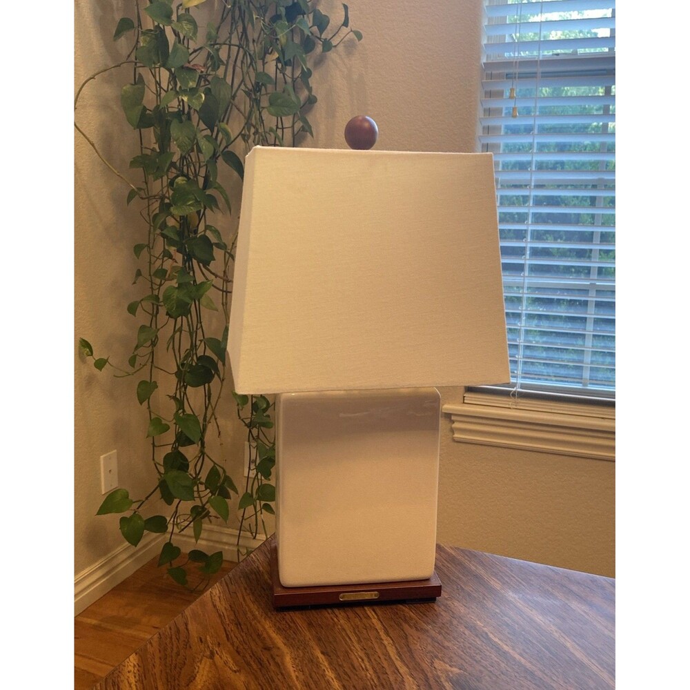 Ralph Lauren Cream Crackle Table Accent Lamp w/ Wood Accents + Geometric Shade